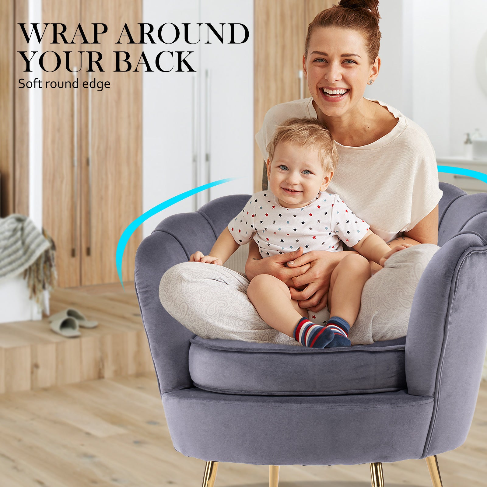 Bedside Tables: Armchair Lounge Chair Accent Velvet Shell Scallop + Ottoman Footstool Round GREY