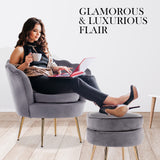 Bedside Tables: Armchair Lounge Chair Accent Velvet Shell Scallop + Ottoman Footstool Round GREY
