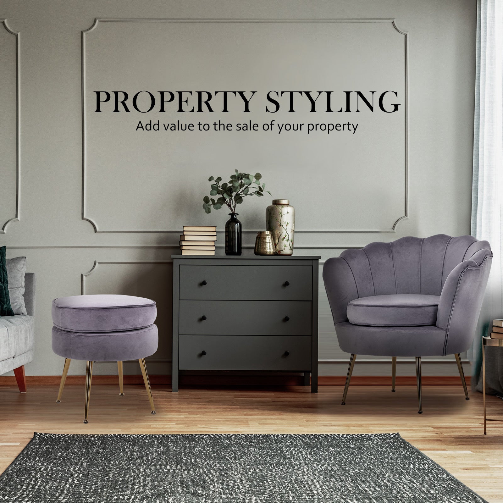Bedside Tables: Armchair Lounge Chair Accent Velvet Shell Scallop + Ottoman Footstool Round GREY
