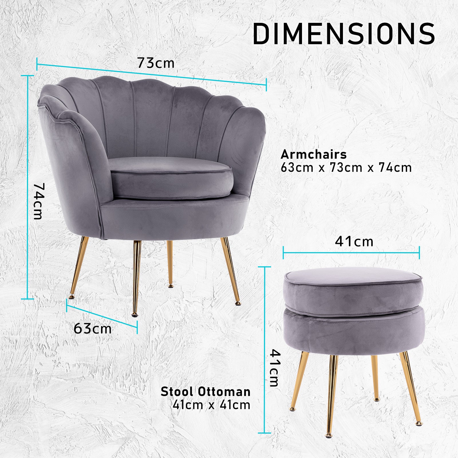 Bedside Tables: Armchair Lounge Chair Accent Velvet Shell Scallop + Ottoman Footstool Round GREY