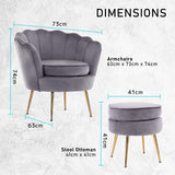 Bedside Tables: Armchair Lounge Chair Accent Velvet Shell Scallop + Ottoman Footstool Round GREY