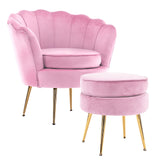 Bedside Tables: Armchair Lounge Chair Accent Velvet Shell Scallop + Round Ottoman Footstool PINK