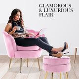 Bedside Tables: Armchair Lounge Chair Accent Velvet Shell Scallop + Round Ottoman Footstool PINK