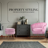 Bedside Tables: Armchair Lounge Chair Accent Velvet Shell Scallop + Round Ottoman Footstool PINK