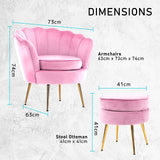 Bedside Tables: Armchair Lounge Chair Accent Velvet Shell Scallop + Round Ottoman Footstool PINK