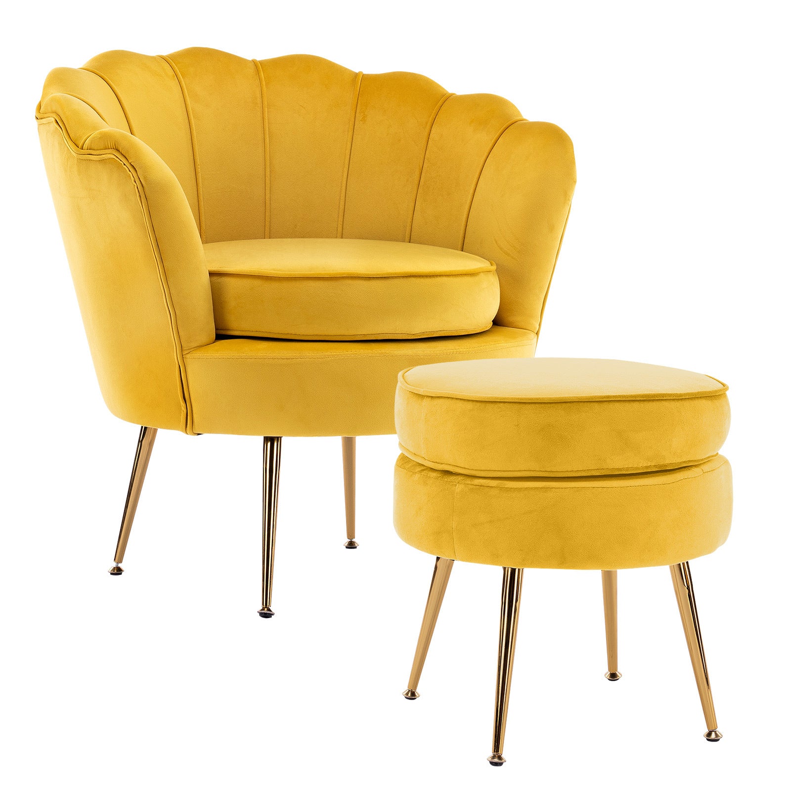 Bedside Tables: Armchair Lounge Chair Accent Velvet Shell Scallop + Round Ottoman Footstool YELLOW