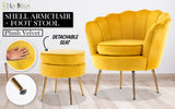 Bedside Tables: Armchair Lounge Chair Accent Velvet Shell Scallop + Round Ottoman Footstool YELLOW