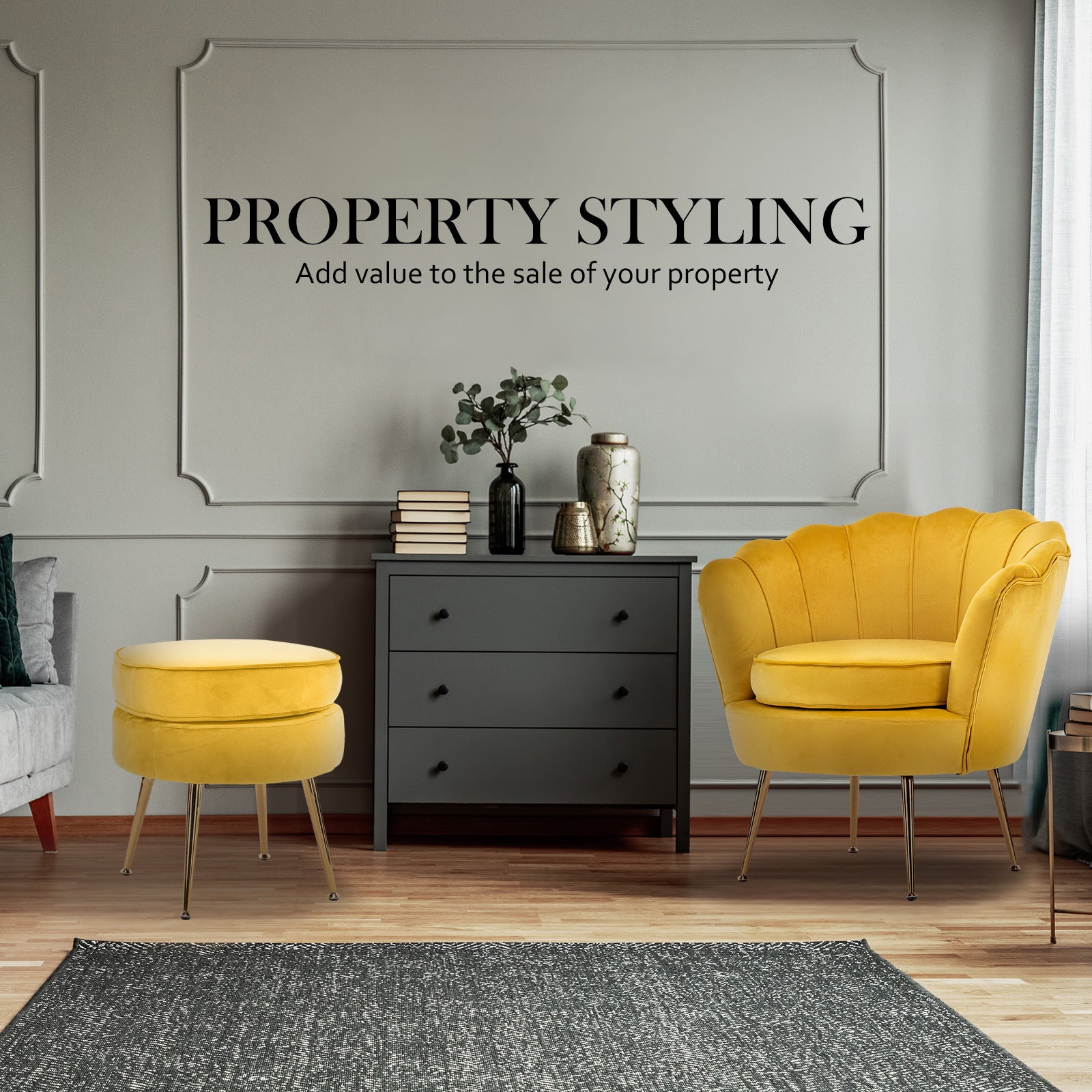 Bedside Tables: Armchair Lounge Chair Accent Velvet Shell Scallop + Round Ottoman Footstool YELLOW