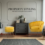 Bedside Tables: Armchair Lounge Chair Accent Velvet Shell Scallop + Round Ottoman Footstool YELLOW