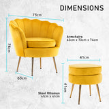 Bedside Tables: Armchair Lounge Chair Accent Velvet Shell Scallop + Round Ottoman Footstool YELLOW