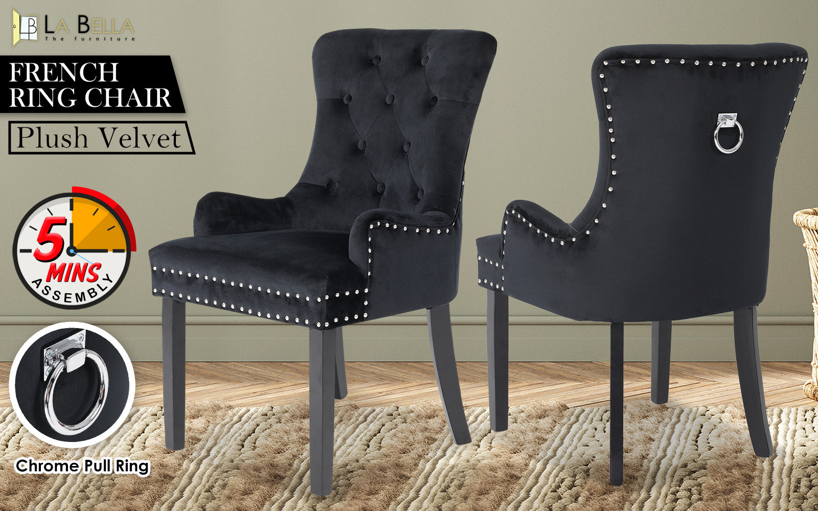 Bedside Tables: French Provincial Dining Chair Ring Studded Velvet Rubberwood Leg LISSE BLACK