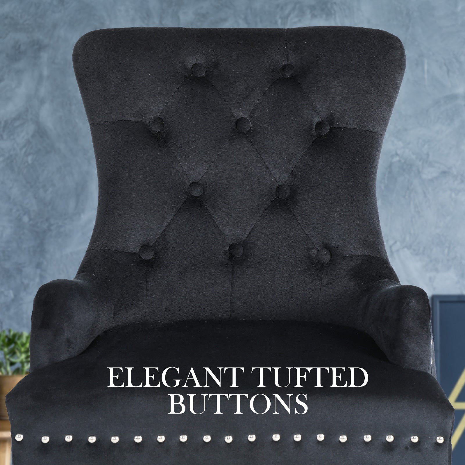Bedside Tables: French Provincial Dining Chair Ring Studded Velvet Rubberwood Leg LISSE BLACK