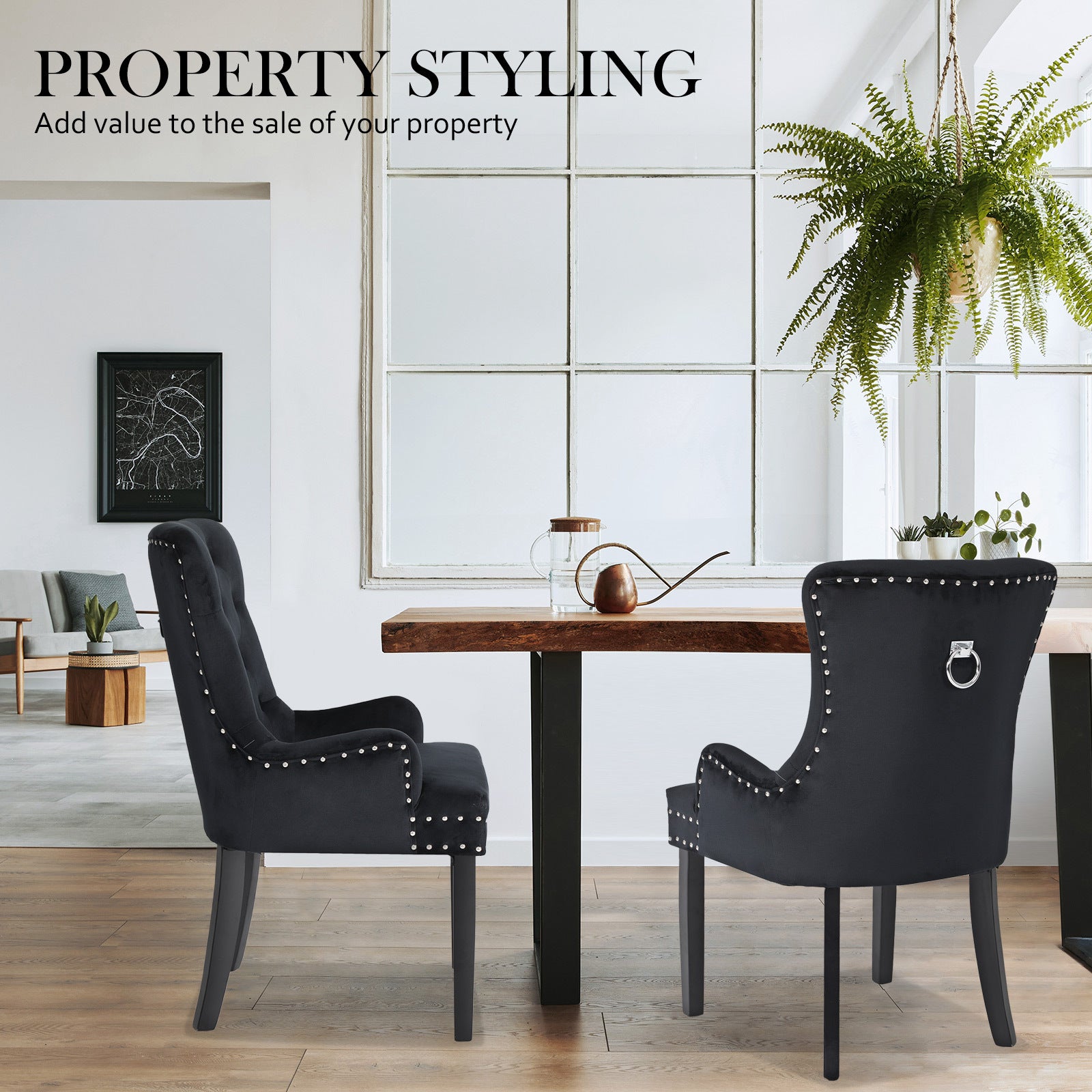 Bedside Tables: French Provincial Dining Chair Ring Studded Velvet Rubberwood Leg LISSE BLACK