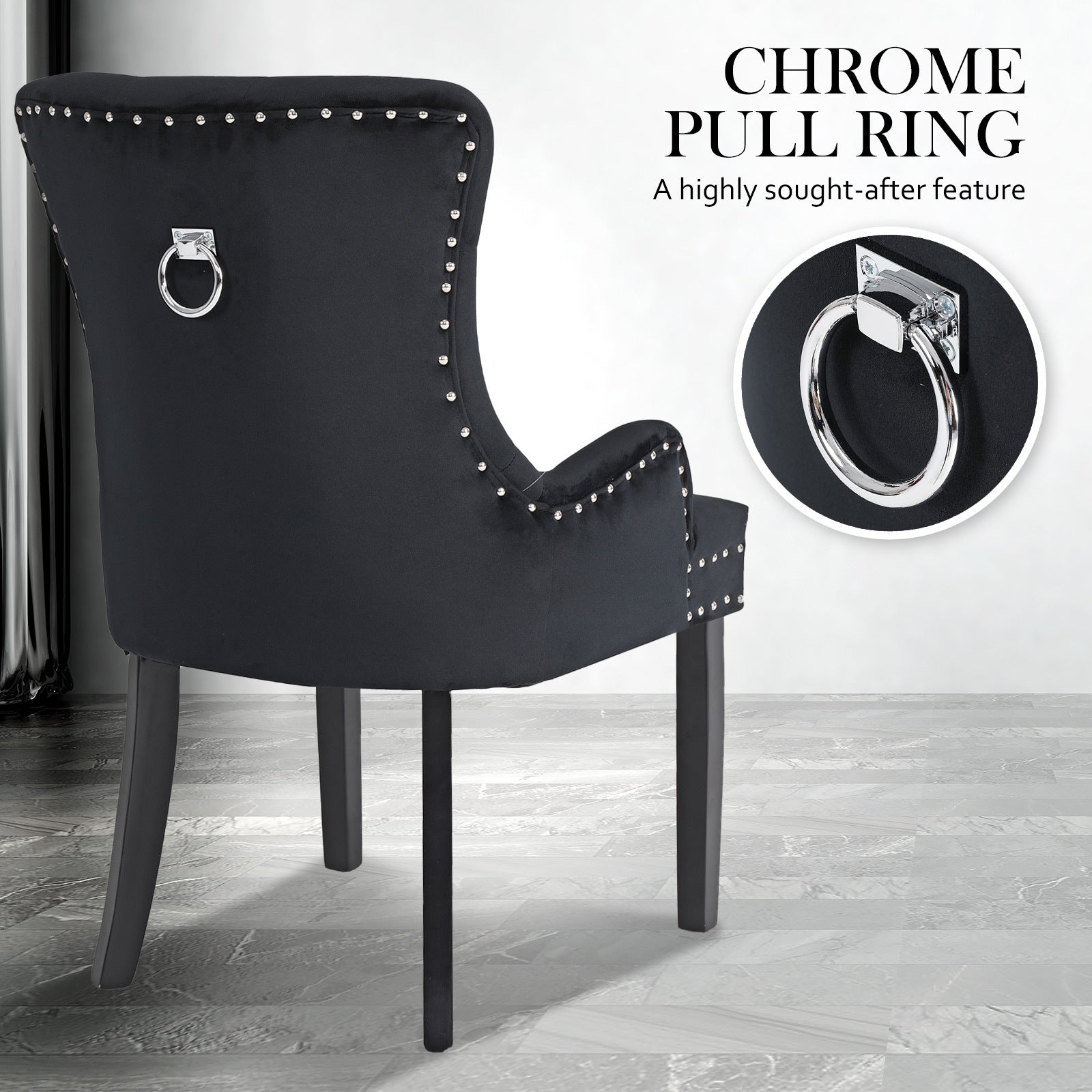 Bedside Tables: French Provincial Dining Chair Ring Studded Velvet Rubberwood Leg LISSE BLACK