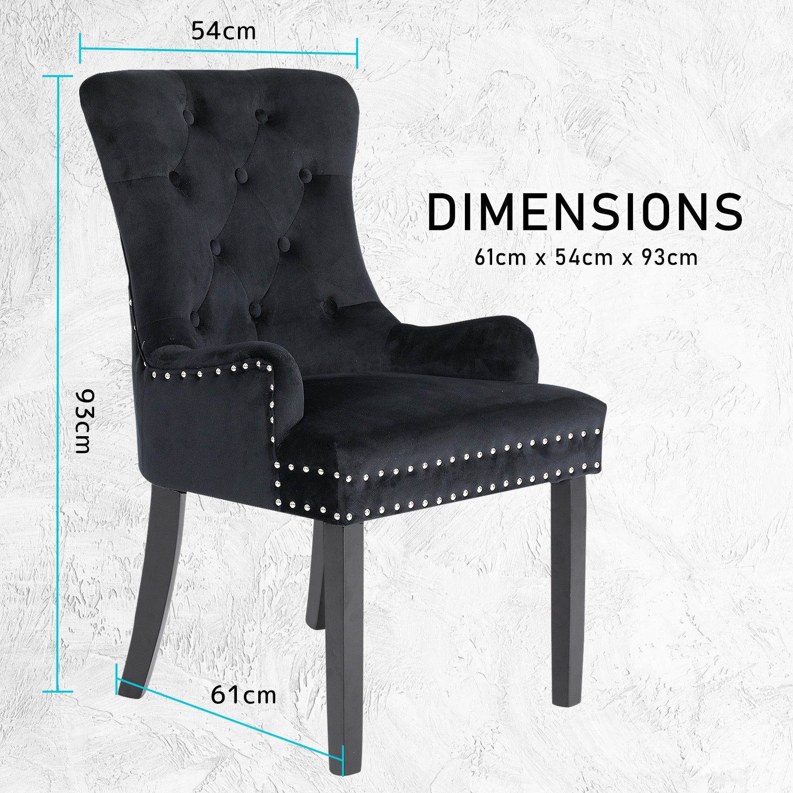 Bedside Tables: French Provincial Dining Chair Ring Studded Velvet Rubberwood Leg LISSE BLACK