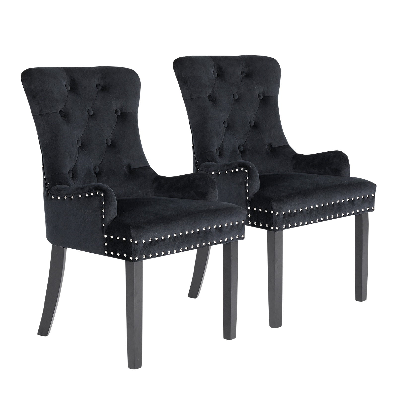 Bedside Tables: 2X French Provincial Dining Chair Ring Studded Velvet Rubberwood Leg LISSE BLACK