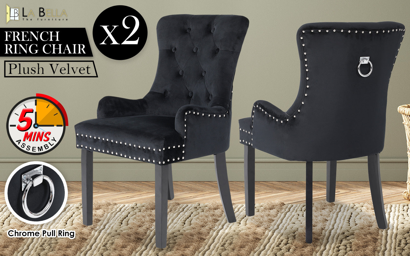 Bedside Tables: 2X French Provincial Dining Chair Ring Studded Velvet Rubberwood Leg LISSE BLACK