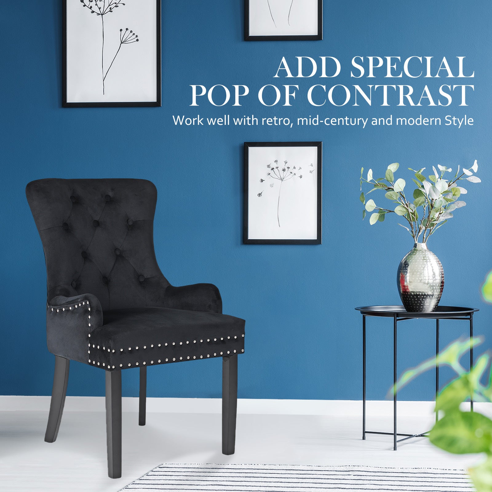 Bedside Tables: 2X French Provincial Dining Chair Ring Studded Velvet Rubberwood Leg LISSE BLACK