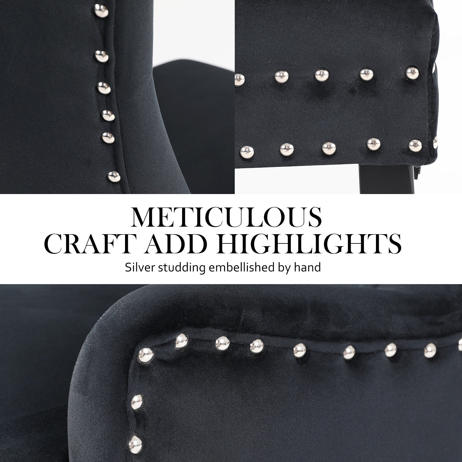 Bedside Tables: 2X French Provincial Dining Chair Ring Studded Velvet Rubberwood Leg LISSE BLACK