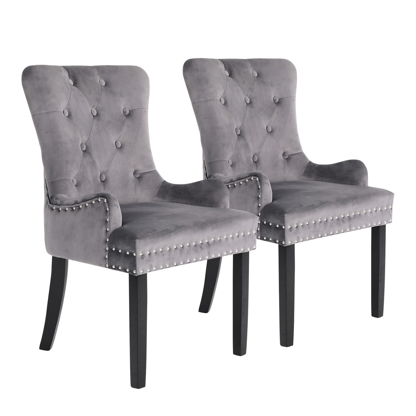 Bedside Tables: 2X French Provincial Dining Chair Ring Studded Velvet Rubberwood Leg LISSE GREY