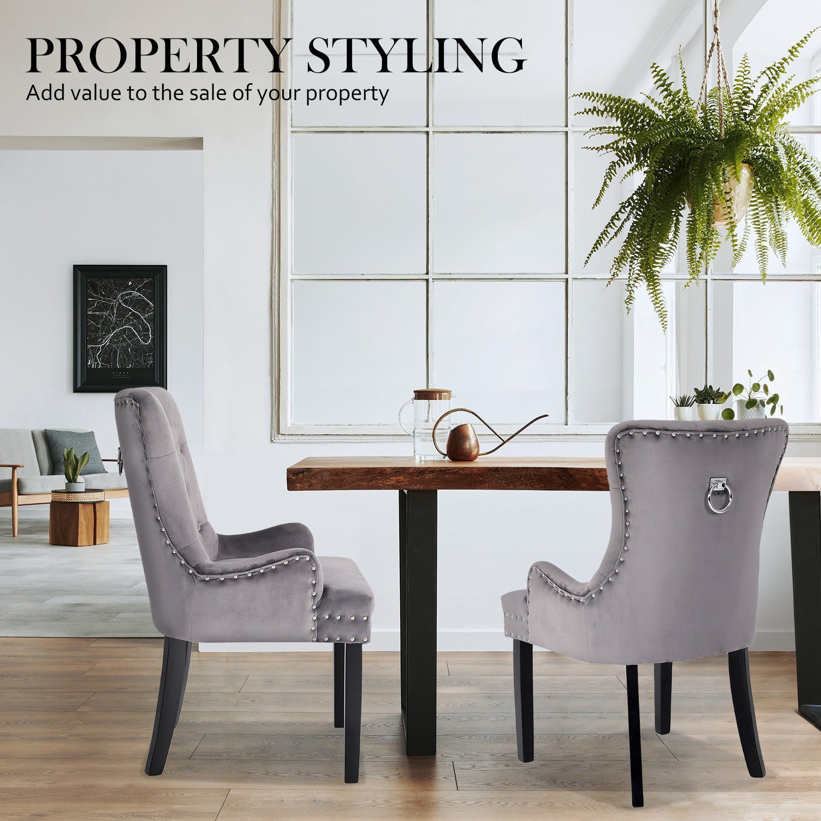 Bedside Tables: 2X French Provincial Dining Chair Ring Studded Velvet Rubberwood Leg LISSE GREY