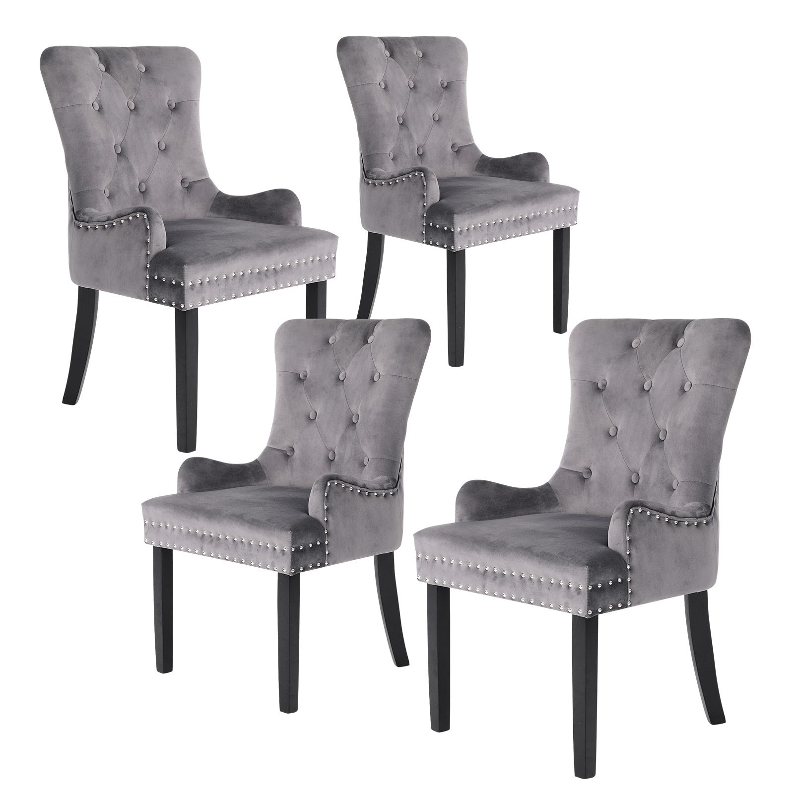Bedside Tables: 4X French Provincial Dining Chair Ring Studded Velvet Rubberwood Leg LISSE GREY