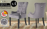 Bedside Tables: 4X French Provincial Dining Chair Ring Studded Velvet Rubberwood Leg LISSE GREY