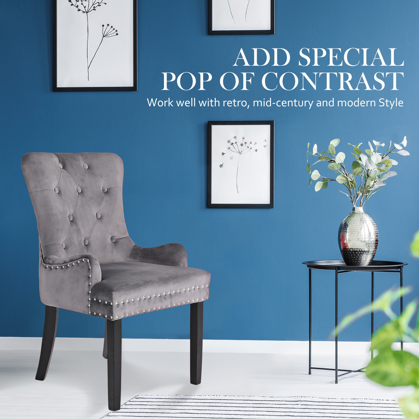 Bedside Tables: 4X French Provincial Dining Chair Ring Studded Velvet Rubberwood Leg LISSE GREY