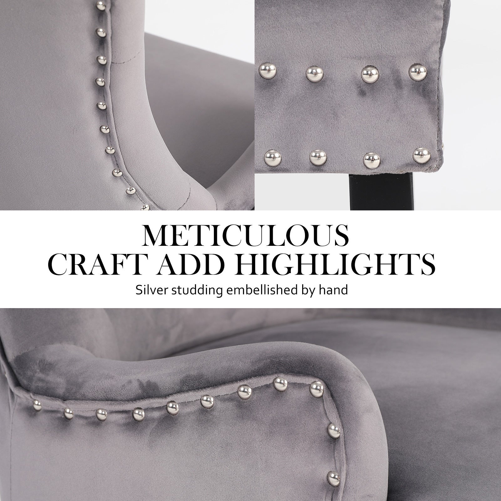 Bedside Tables: 4X French Provincial Dining Chair Ring Studded Velvet Rubberwood Leg LISSE GREY