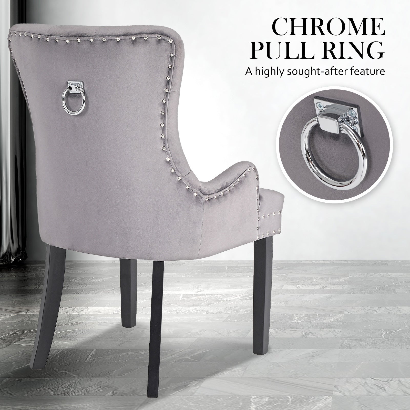 Bedside Tables: 4X French Provincial Dining Chair Ring Studded Velvet Rubberwood Leg LISSE GREY