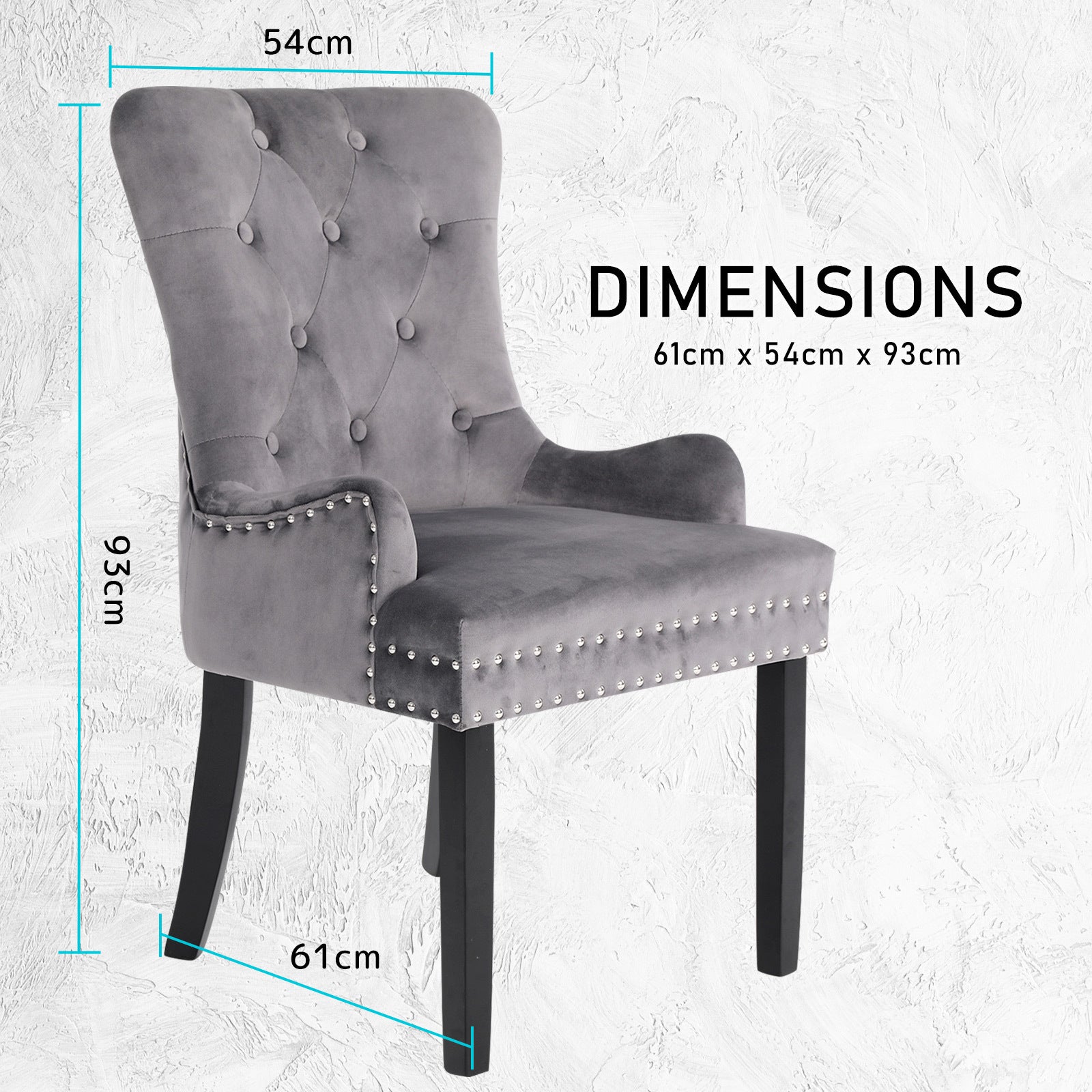 Bedside Tables: 4X French Provincial Dining Chair Ring Studded Velvet Rubberwood Leg LISSE GREY