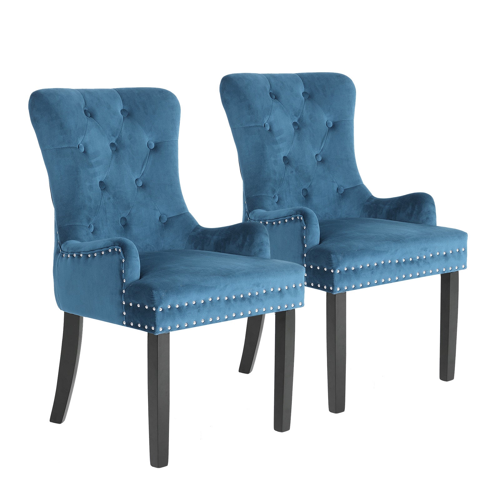 Bedside Tables: 2X French Provincial Dining Chair Ring Studded Velvet Rubberwood Leg LISSE NAVY BLUE