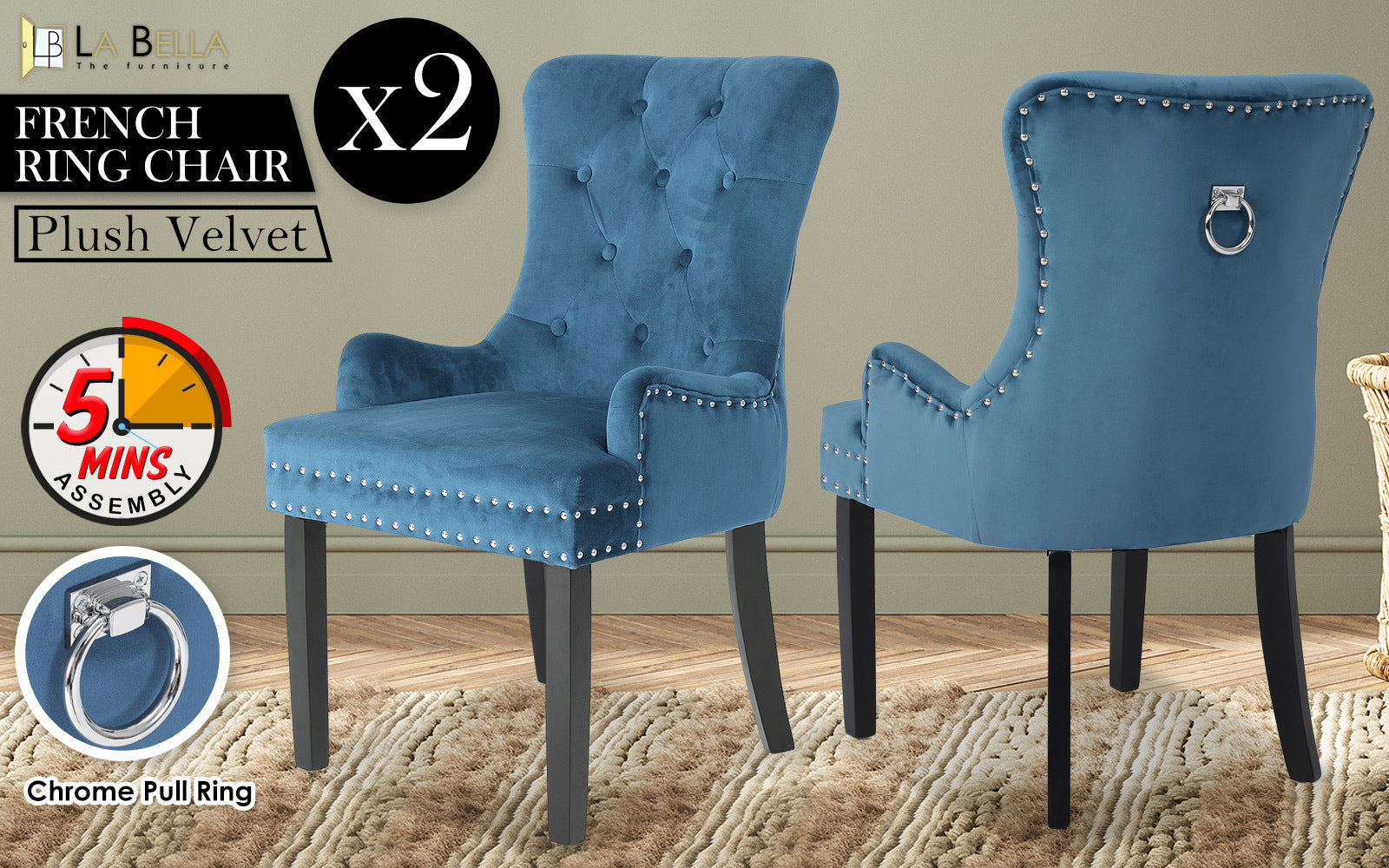 Bedside Tables: 2X French Provincial Dining Chair Ring Studded Velvet Rubberwood Leg LISSE NAVY BLUE
