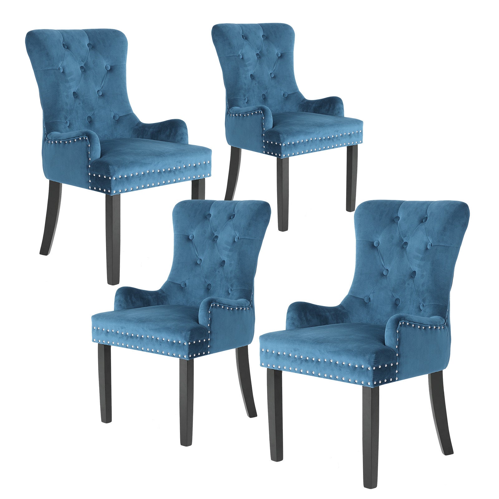 Bedside Tables: 4X French Provincial Dining Chair Ring Studded Velvet Rubberwood Leg LISSE NAVY BLUE
