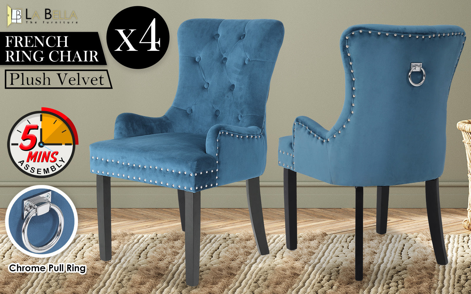 Bedside Tables: 4X French Provincial Dining Chair Ring Studded Velvet Rubberwood Leg LISSE NAVY BLUE