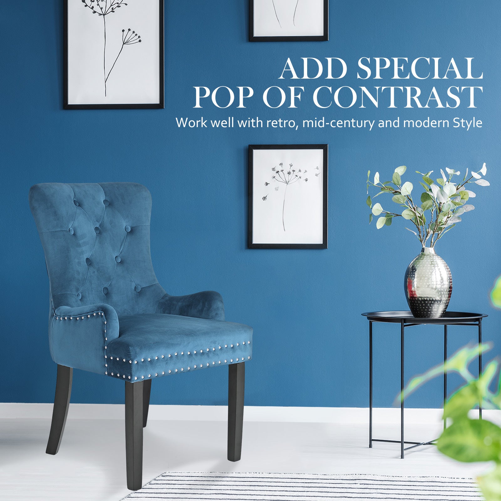 Bedside Tables: 4X French Provincial Dining Chair Ring Studded Velvet Rubberwood Leg LISSE NAVY BLUE