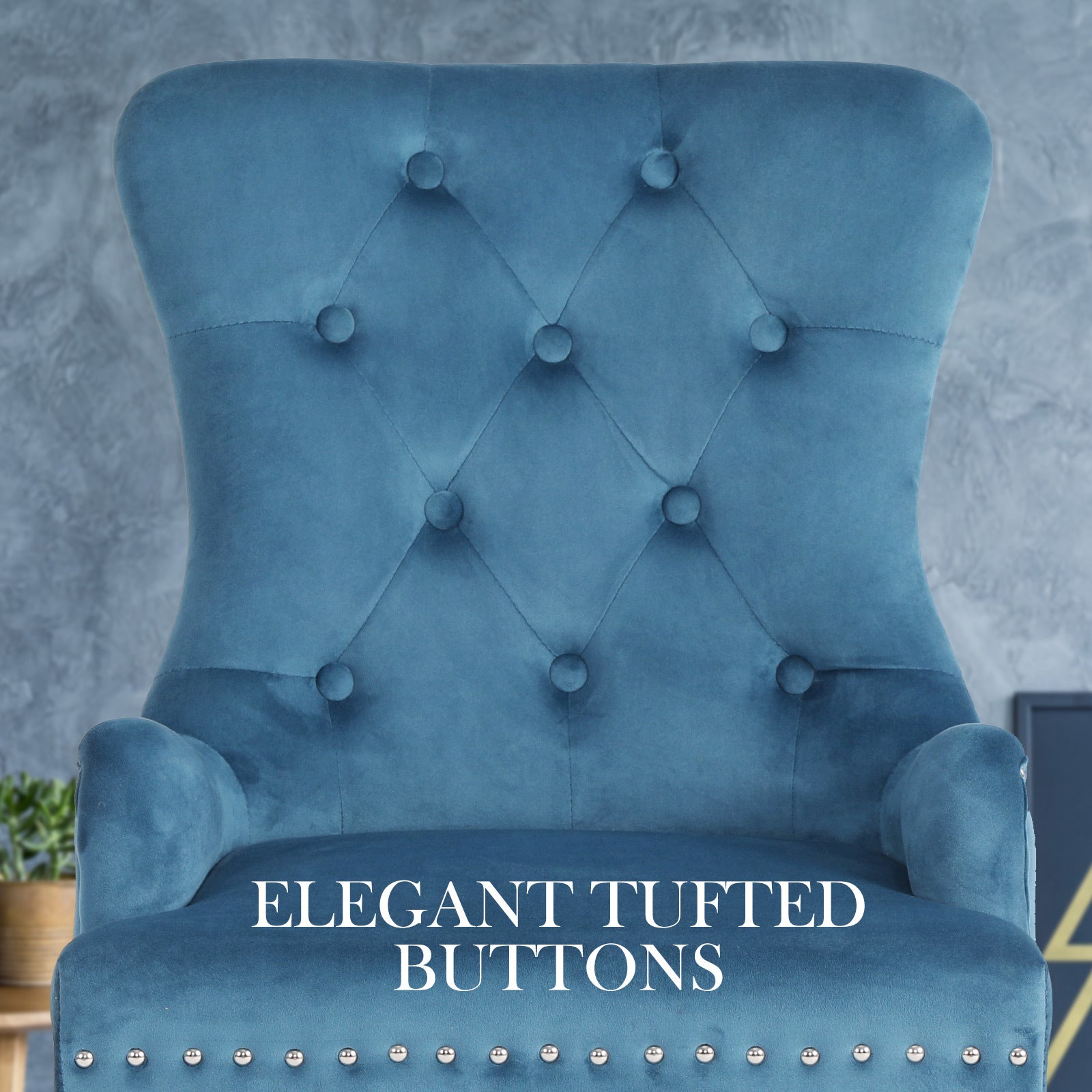 Bedside Tables: 4X French Provincial Dining Chair Ring Studded Velvet Rubberwood Leg LISSE NAVY BLUE