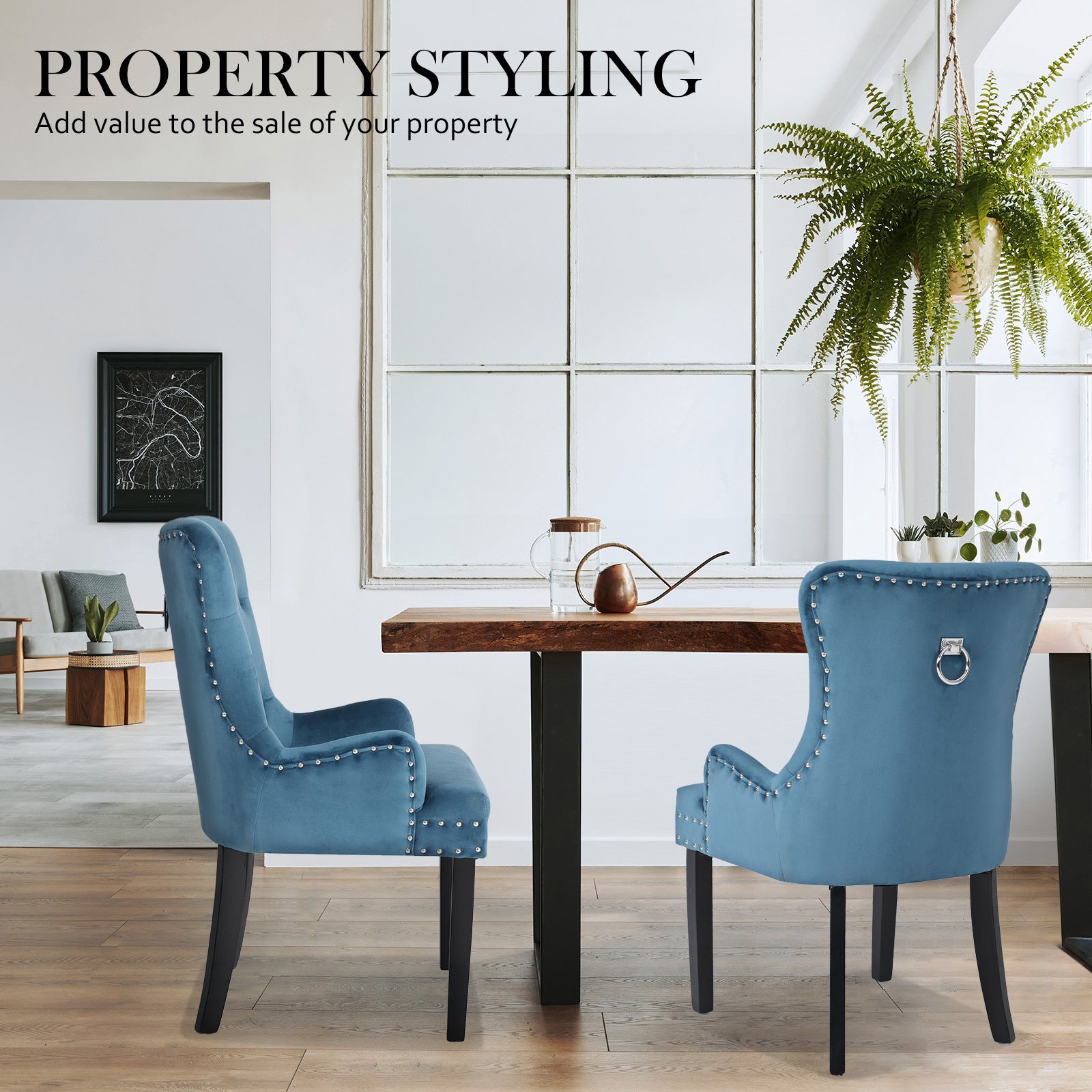 Bedside Tables: 4X French Provincial Dining Chair Ring Studded Velvet Rubberwood Leg LISSE NAVY BLUE