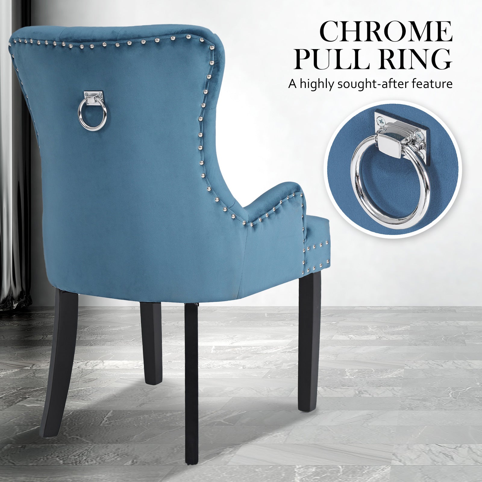 Bedside Tables: 4X French Provincial Dining Chair Ring Studded Velvet Rubberwood Leg LISSE NAVY BLUE