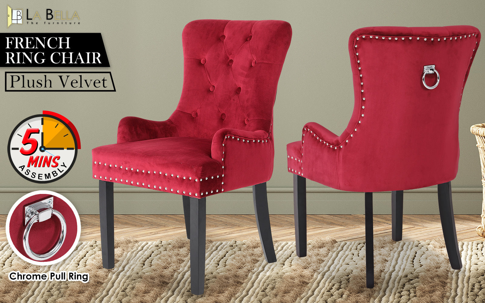 Bedside Tables: French Provincial Dining Chair Ring Studded Velvet Rubberwood Leg LISSE BORDEAUX RED