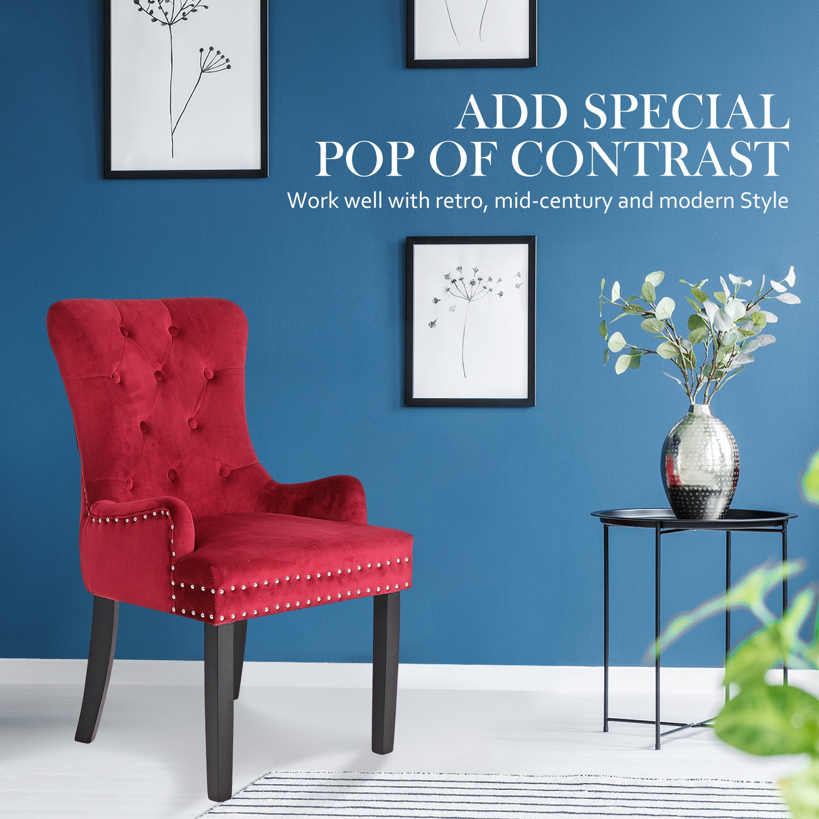 Bedside Tables: French Provincial Dining Chair Ring Studded Velvet Rubberwood Leg LISSE BORDEAUX RED