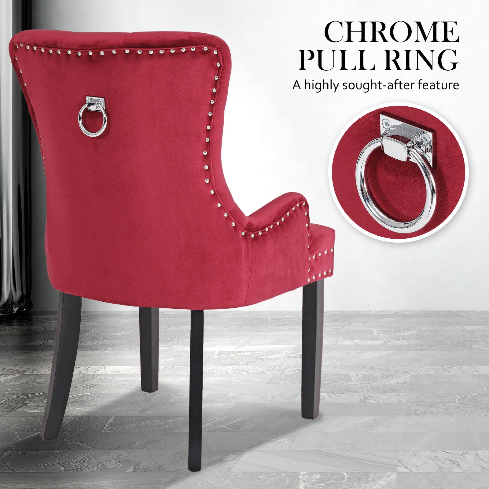 Bedside Tables: French Provincial Dining Chair Ring Studded Velvet Rubberwood Leg LISSE BORDEAUX RED