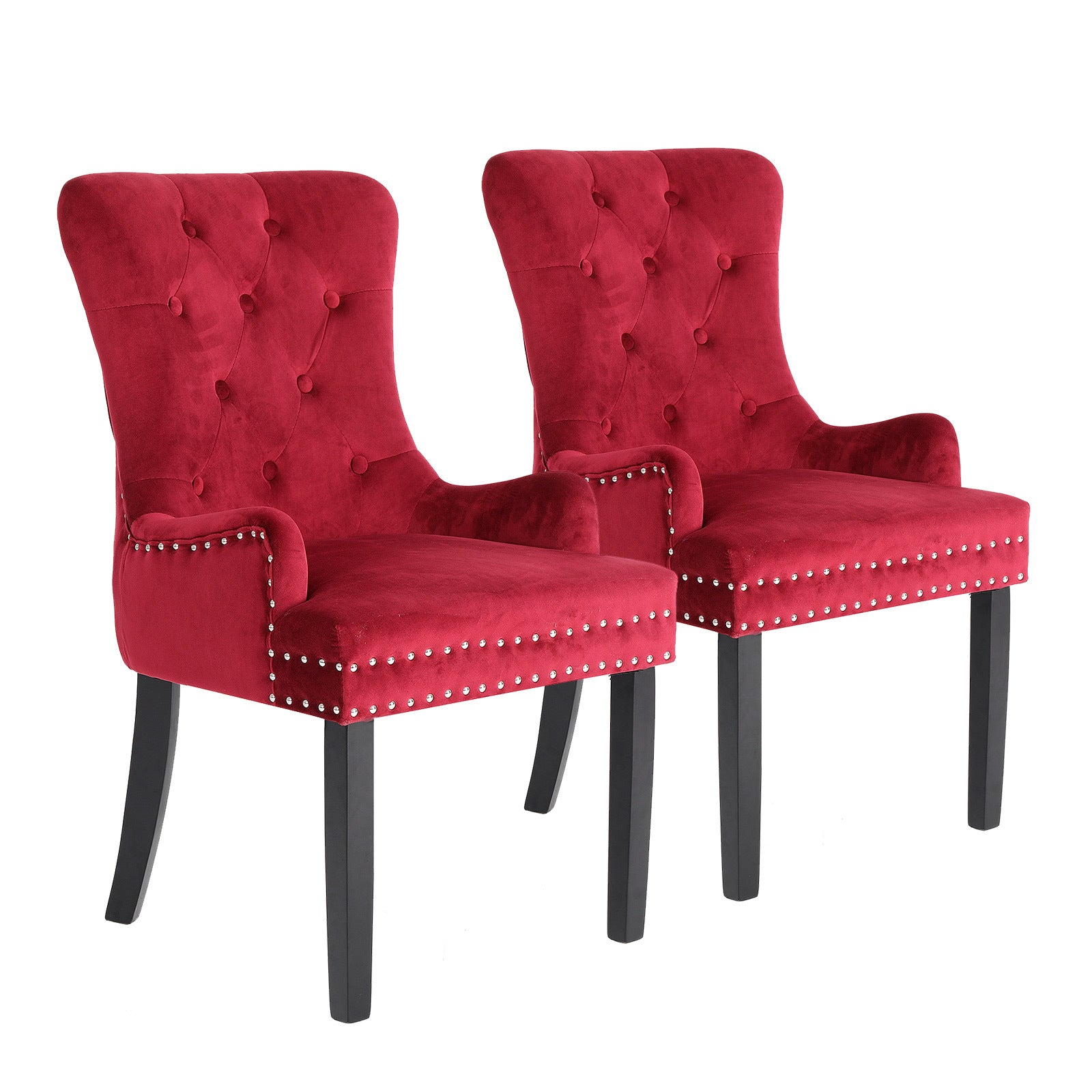 Bedside Tables: 2X French Provincial Dining Chair Ring Studded Velvet Rubberwood Leg LISSE BORDEAUX RED