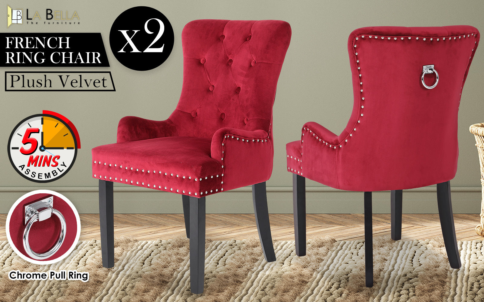 Bedside Tables: 2X French Provincial Dining Chair Ring Studded Velvet Rubberwood Leg LISSE BORDEAUX RED