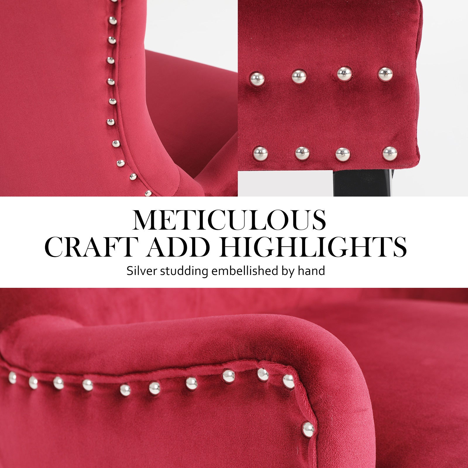 Bedside Tables: 2X French Provincial Dining Chair Ring Studded Velvet Rubberwood Leg LISSE BORDEAUX RED