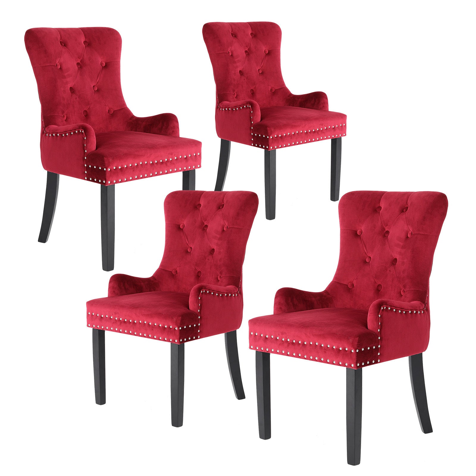 Bedside Tables: 4X French Provincial Dining Chair Ring Studded Velvet Rubberwood Leg LISSE BORDEAUX RED