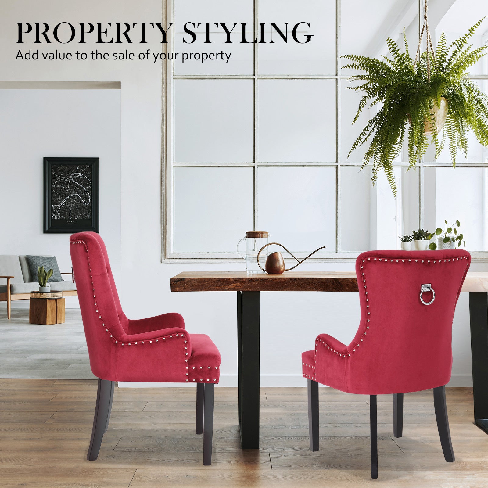 Bedside Tables: 4X French Provincial Dining Chair Ring Studded Velvet Rubberwood Leg LISSE BORDEAUX RED
