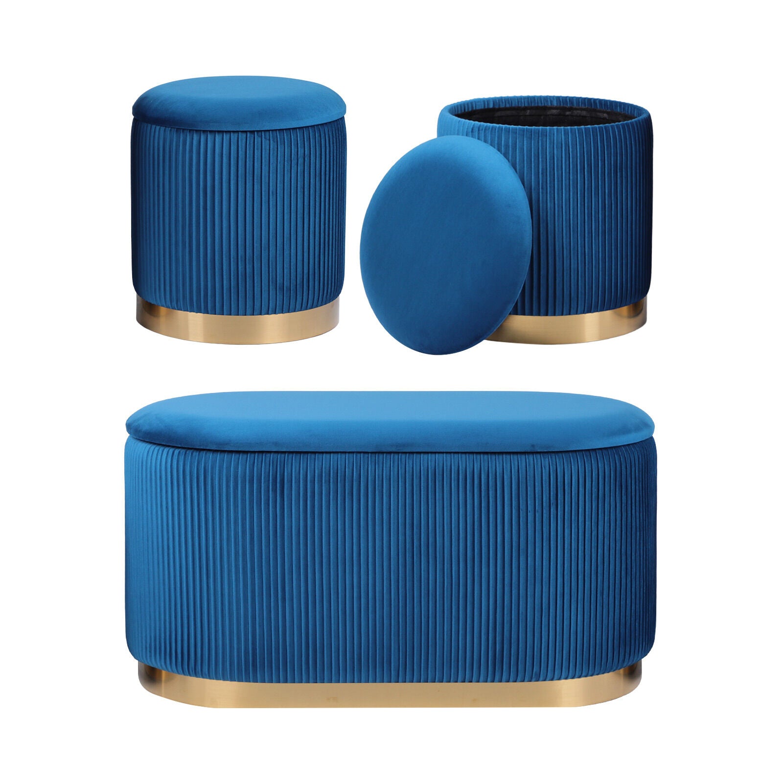Ottomans & Footstools: 3 Piece Set Storage Ottoman - Blanket Box Velvet Padded Bench Stool FAYE BLUE