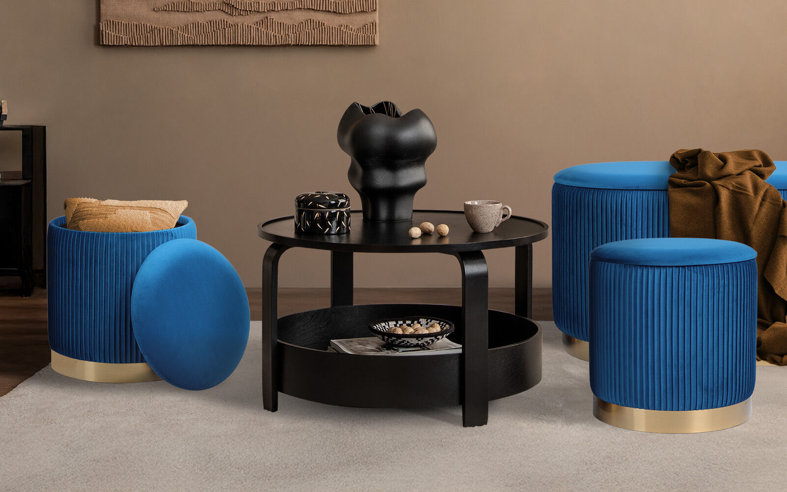 Ottomans & Footstools: 3 Piece Set Storage Ottoman - Blanket Box Velvet Padded Bench Stool FAYE BLUE