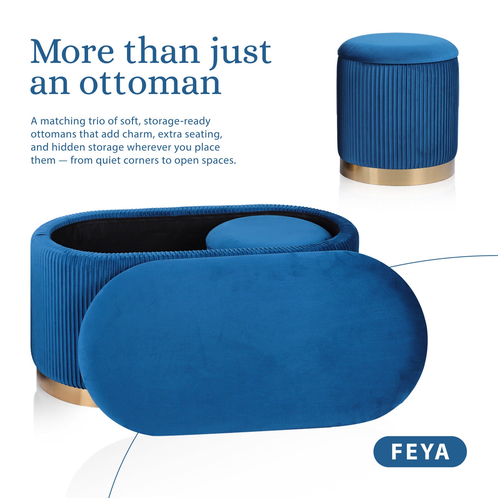 Ottomans & Footstools: 3 Piece Set Storage Ottoman - Blanket Box Velvet Padded Bench Stool FAYE BLUE
